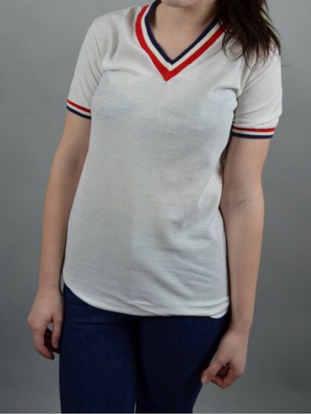 Vintage Women’s White V-Neck Stripe Trim Short Sleeve Top